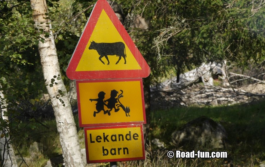 Gefahrenschild Schweden - Kühe Und Spielende Kinder