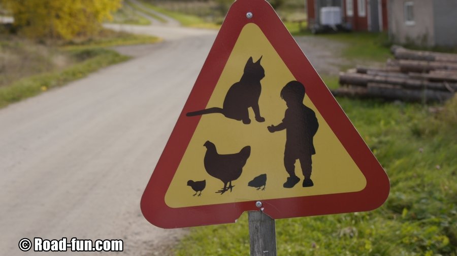 Gefahrenschild Schweden - Kinder, Katzen und Hühner