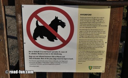 Verbotsschild Norwegen - keine Hunde zwischen Maerz und Oktober